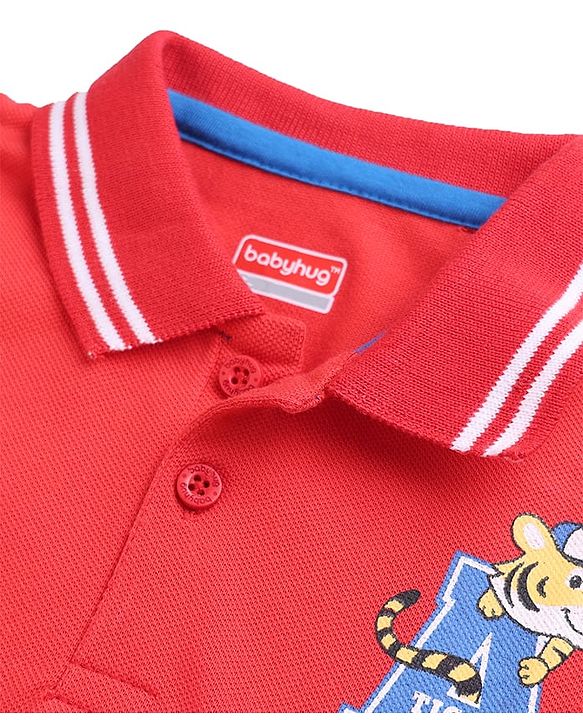 Babyhug 100% Cotton Knit Half Sleeves Polo T-Shirt with Tiger Print - Red
