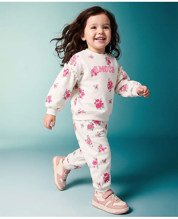 Babyhug 100% Cotton Terry Knit Full Sleeves Sweatshirt & Jogger Set With Floral Print & Amour Text Embroidered - Cream