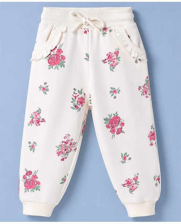 Babyhug 100% Cotton Terry Knit Full Sleeves Sweatshirt & Jogger Set With Floral Print & Amour Text Embroidered - Cream