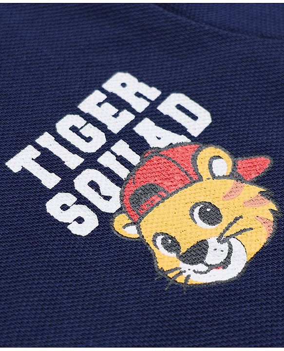 Babyhug 100% Cotton Knit Half Sleeves Polo T-Shirt with Tiger Squad Print - Navy Blue