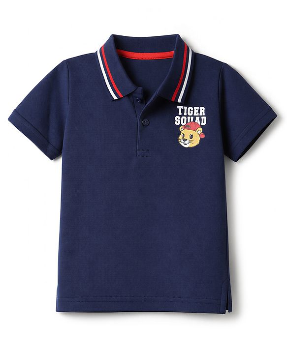 Babyhug 100% Cotton Knit Half Sleeves Polo T-Shirt with Tiger Squad Print - Navy Blue