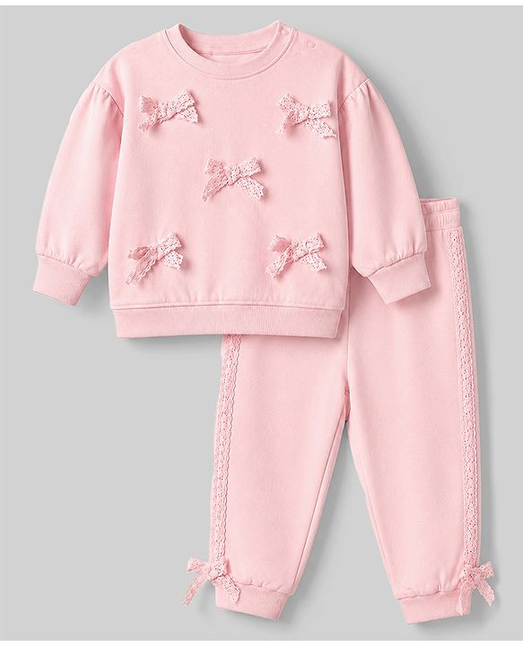 Babyhug 100% Cotton Terry Knit Full Sleeves Sweatshirt and Jogger with Lace Bow Applique - Pink