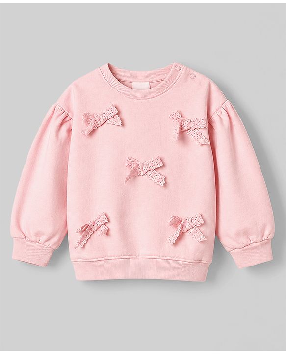 Babyhug 100% Cotton Terry Knit Full Sleeves Sweatshirt and Jogger with Lace Bow Applique - Pink