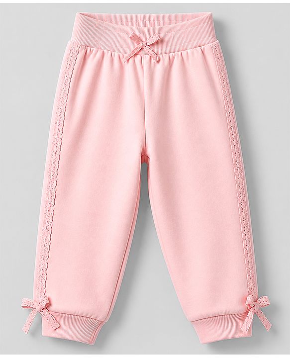 Babyhug 100% Cotton Terry Knit Full Sleeves Sweatshirt and Jogger with Lace Bow Applique - Pink