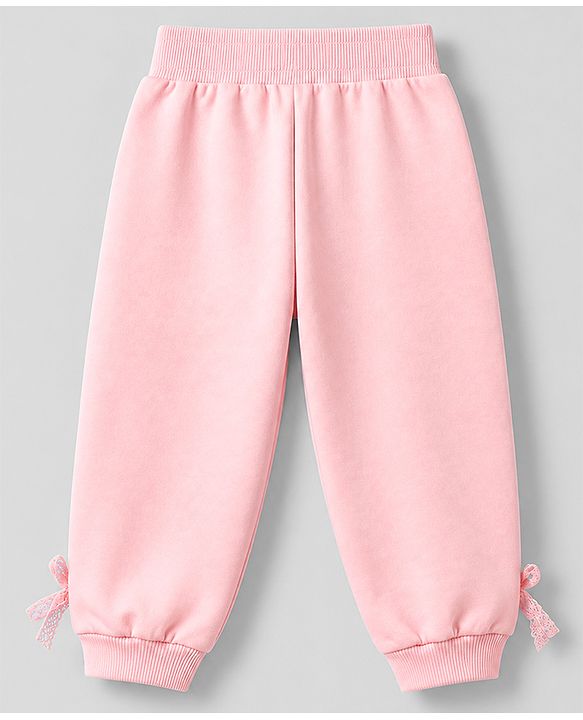 Babyhug 100% Cotton Terry Knit Full Sleeves Sweatshirt and Jogger with Lace Bow Applique - Pink