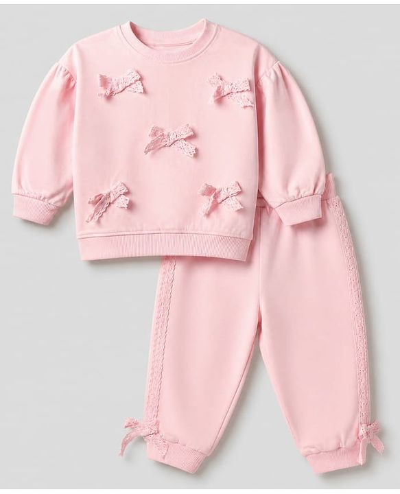 Babyhug 100% Cotton Terry Knit Full Sleeves Sweatshirt and Jogger with Lace Bow Applique - Pink