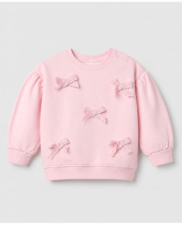Babyhug 100% Cotton Terry Knit Full Sleeves Sweatshirt and Jogger with Lace Bow Applique - Pink