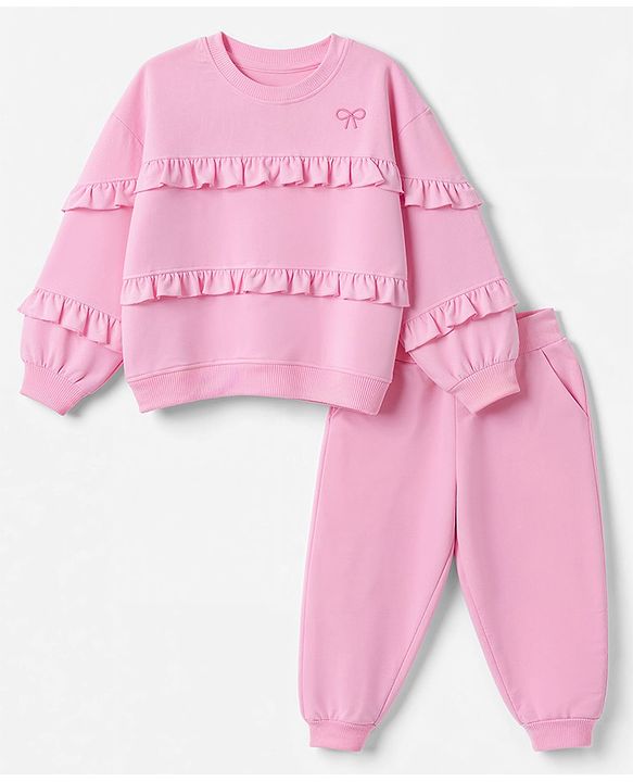Babyhug 100% Cotton Terry Knit Full Sleeves Frill Detailing With Bow Embroidery Top and Jogger - Pink