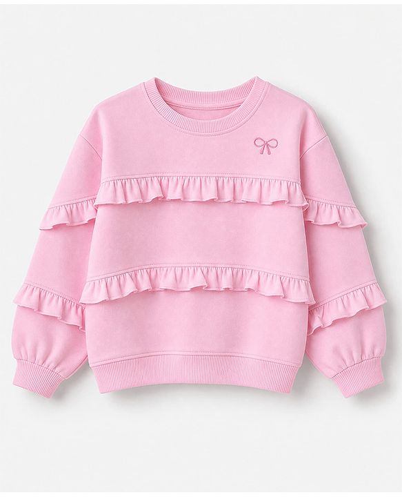 Babyhug 100% Cotton Terry Knit Full Sleeves Frill Detailing With Bow Embroidery Top and Jogger - Pink