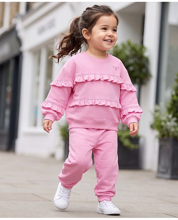 Babyhug 100% Cotton Terry Knit Full Sleeves Frill Detailing With Bow Embroidery Top and Jogger - Pink