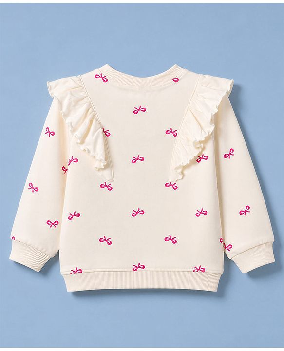 Babyhug 100% Cotton Terry Knit Full Sleeves Bow Printed Top And Bottomwear - Cream & Pink