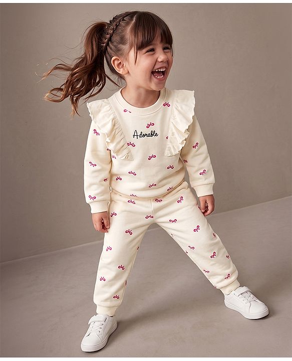 Babyhug 100% Cotton Terry Knit Full Sleeves Bow Printed Top And Bottomwear - Cream & Pink