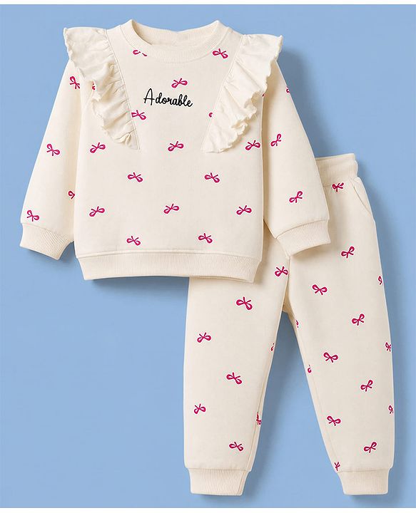 Babyhug 100% Cotton Terry Knit Full Sleeves Bow Printed Top And Bottomwear - Cream & Pink