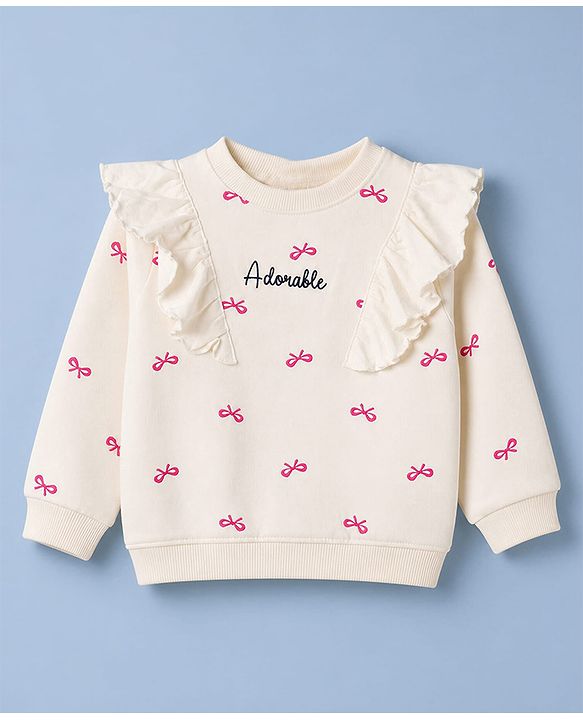 Babyhug 100% Cotton Terry Knit Full Sleeves Bow Printed Top And Bottomwear - Cream & Pink