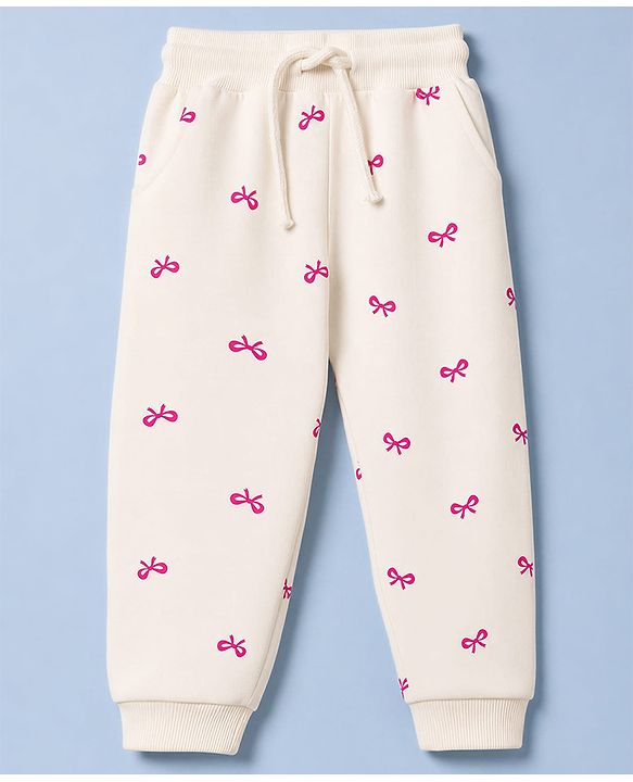 Babyhug 100% Cotton Terry Knit Full Sleeves Bow Printed Top And Bottomwear - Cream & Pink