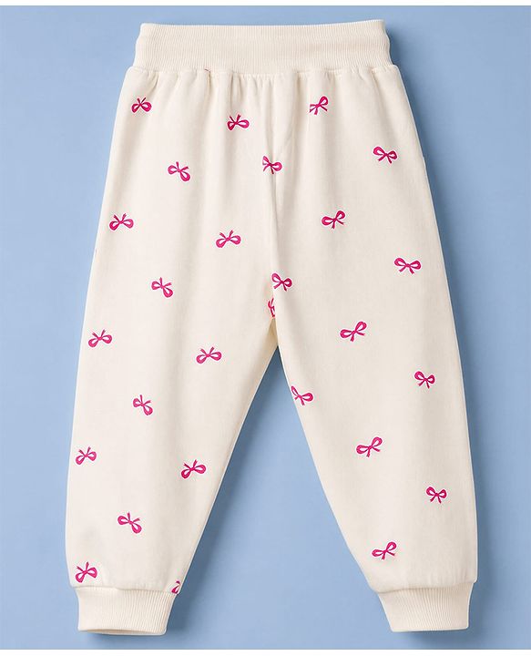 Babyhug 100% Cotton Terry Knit Full Sleeves Bow Printed Top And Bottomwear - Cream & Pink