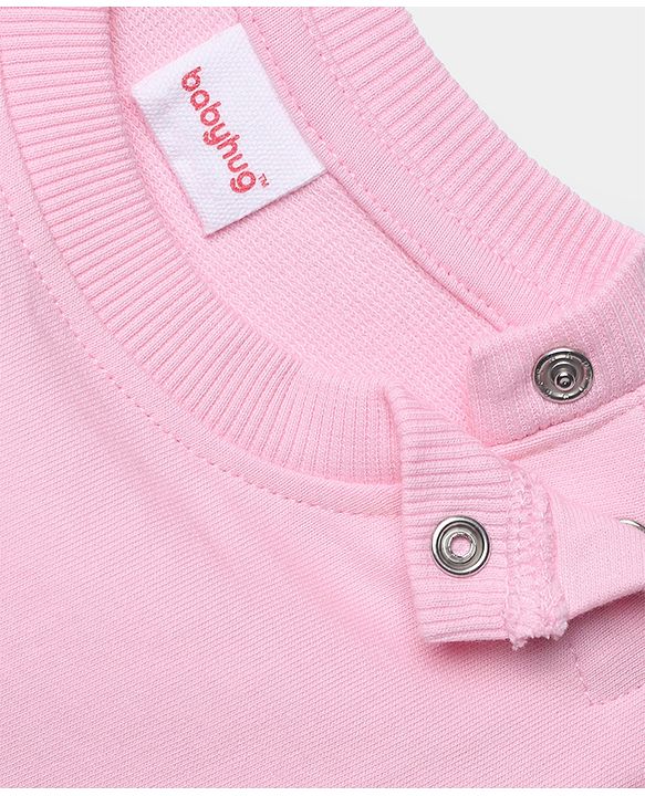 Babyhug 100% Cotton Terry Knit Full Sleeves Top & Pant Set With Floral Embroidery & Text Print - Pink