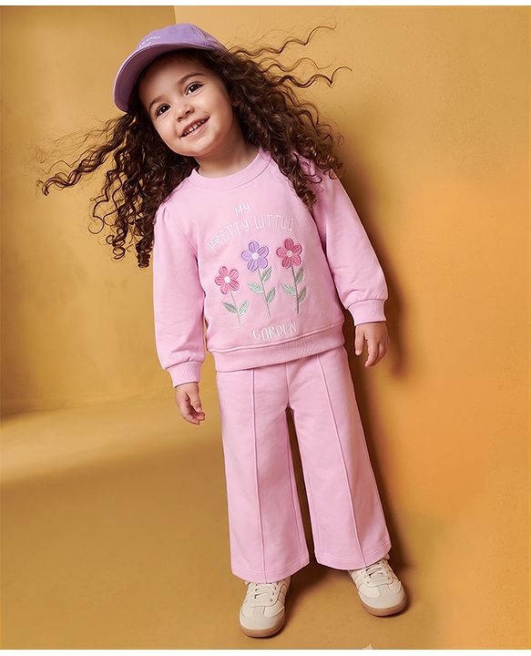 Babyhug 100% Cotton Terry Knit Full Sleeves Top & Pant Set With Floral Embroidery & Text Print - Pink