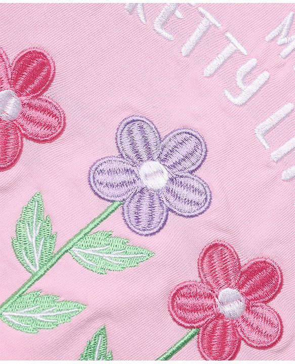 Babyhug 100% Cotton Terry Knit Full Sleeves Top & Pant Set With Floral Embroidery & Text Print - Pink