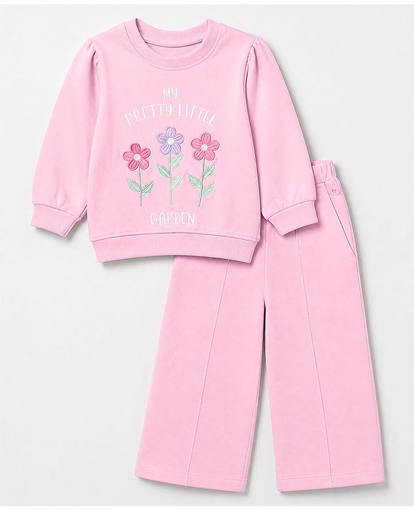 Babyhug 100% Cotton Terry Knit Full Sleeves Top & Pant Set With Floral Embroidery & Text Print - Pink