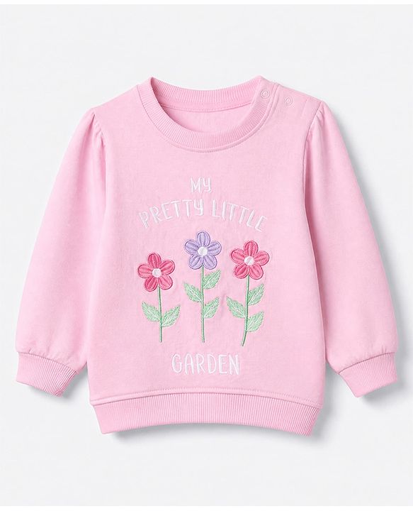 Babyhug 100% Cotton Terry Knit Full Sleeves Top & Pant Set With Floral Embroidery & Text Print - Pink