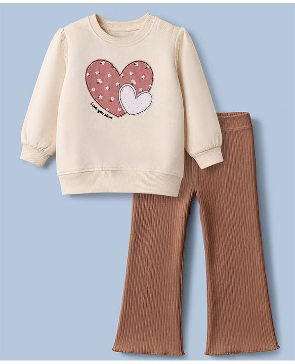 Babyhug Terry Knit Full Sleeves Top & Leggings Set With Heart Print - White & Brown