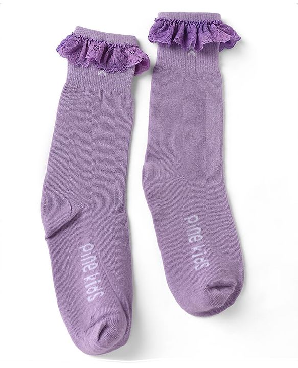 Pine Kids Cotton Nylon Spandex Mid-Calf Length Socks with Frill Detail & Pine Kids Text Pack of 2 - Purple Peach