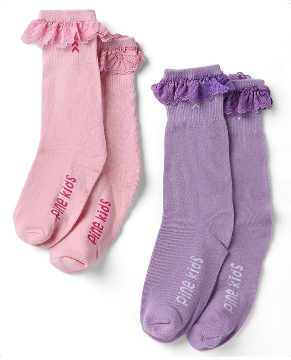 Pine Kids Cotton Nylon Spandex Mid-Calf Length Socks with Frill Detail & Pine Kids Text Pack of 2 - Purple Peach