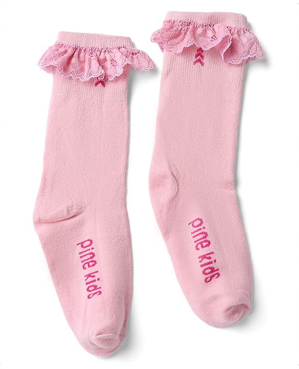 Pine Kids Cotton Nylon Spandex Mid-Calf Length Socks with Frill Detail & Pine Kids Text Pack of 2 - Purple Peach