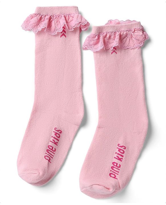 Pine Kids Cotton Nylon Spandex Mid-Calf Length Socks with Frill Detail & Pine Kids Text Pack of 2 - Purple Peach