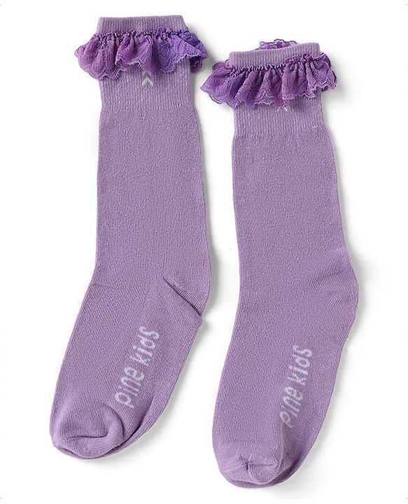 Pine Kids Cotton Nylon Spandex Mid-Calf Length Socks with Frill Detail & Pine Kids Text Pack of 2 - Purple Peach