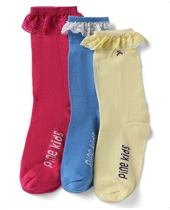 Pine Kids Cotton Nylon Spandex Mid-Calf Length Socks with Frill Detail & Pine Kids Text Pack of 3 - Red Blue Yelllow