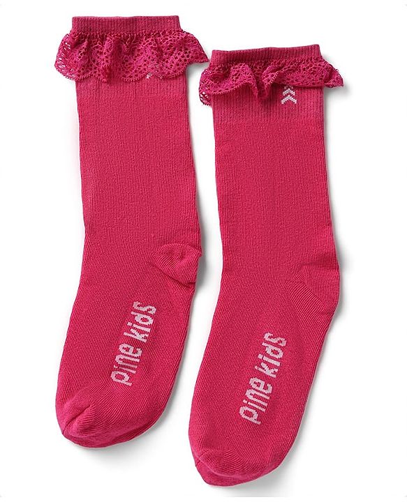 Pine Kids Cotton Nylon Spandex Mid-Calf Length Socks with Frill Detail & Pine Kids Text Pack of 3 - Red Blue Yelllow