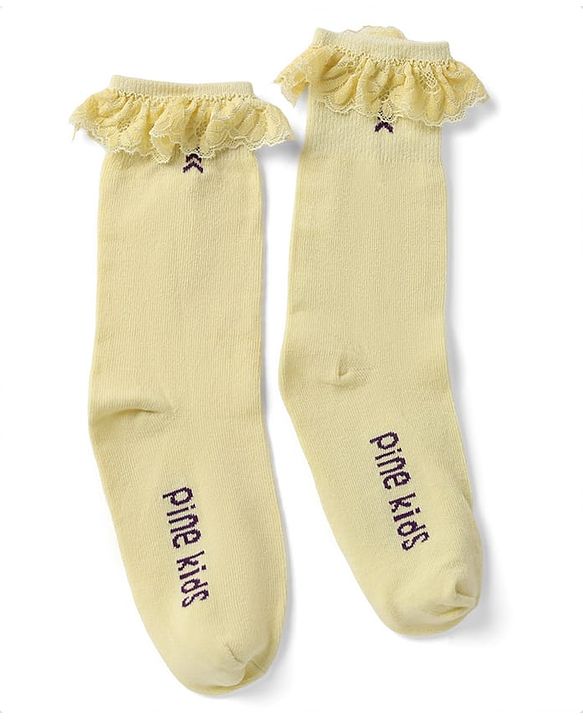 Pine Kids Cotton Nylon Spandex Mid-Calf Length Socks with Frill Detail & Pine Kids Text Pack of 3 - Red Blue Yelllow
