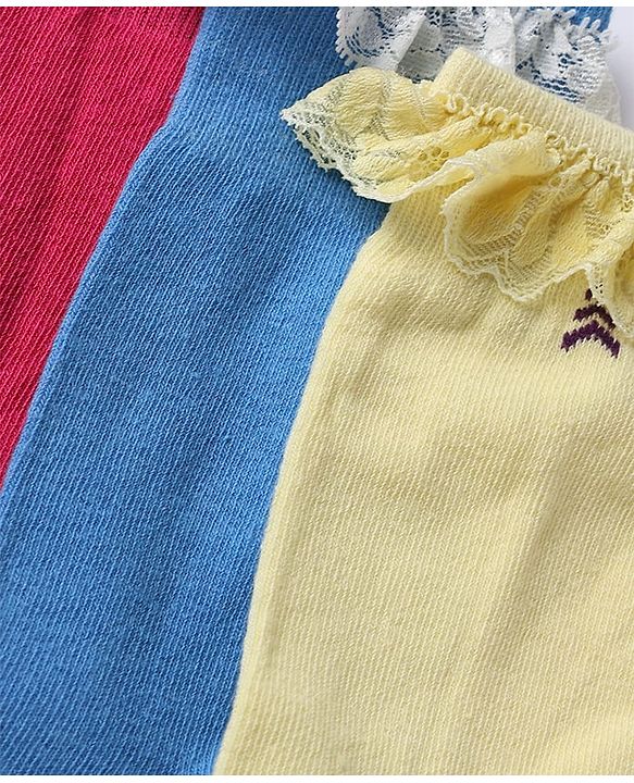 Pine Kids Cotton Nylon Spandex Mid-Calf Length Socks with Frill Detail & Pine Kids Text Pack of 3 - Red Blue Yelllow