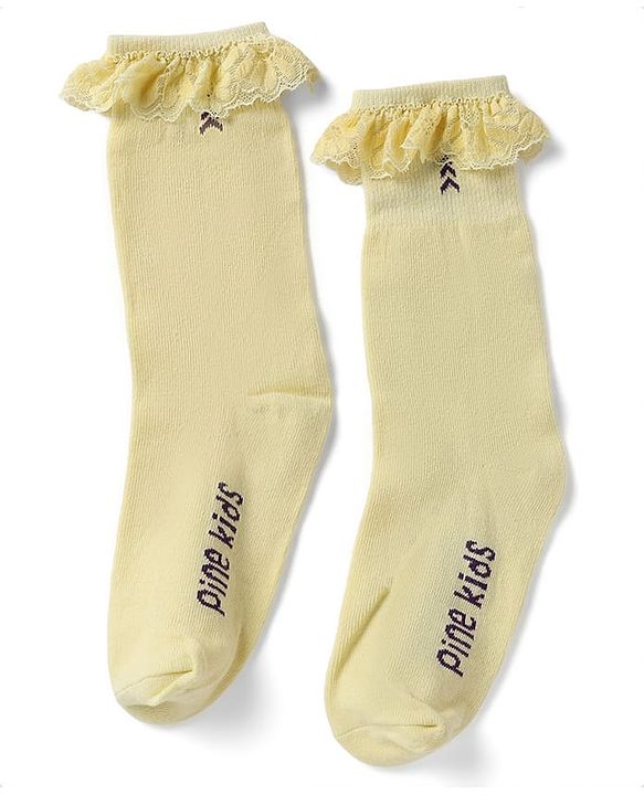 Pine Kids Cotton Nylon Spandex Mid-Calf Length Socks with Frill Detail & Pine Kids Text Pack of 3 - Red Blue Yelllow