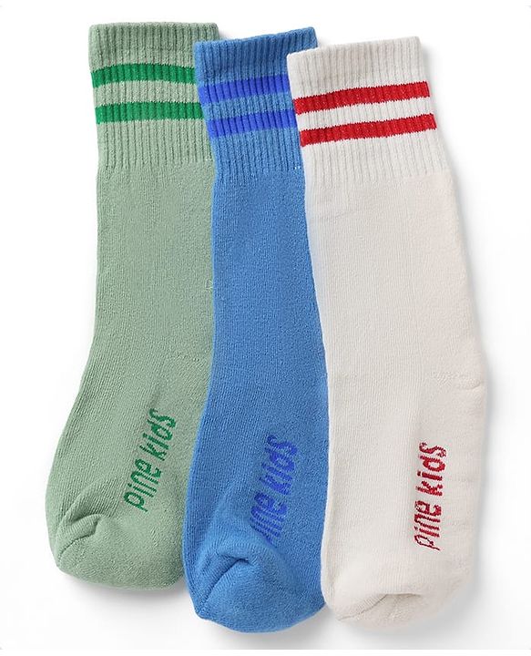 Pine Kids Cotton Nylon Spandex Mid-Calf Length Socks with Stripes & Pine Kids Text Pack of 3 - Green Blue Light Grey