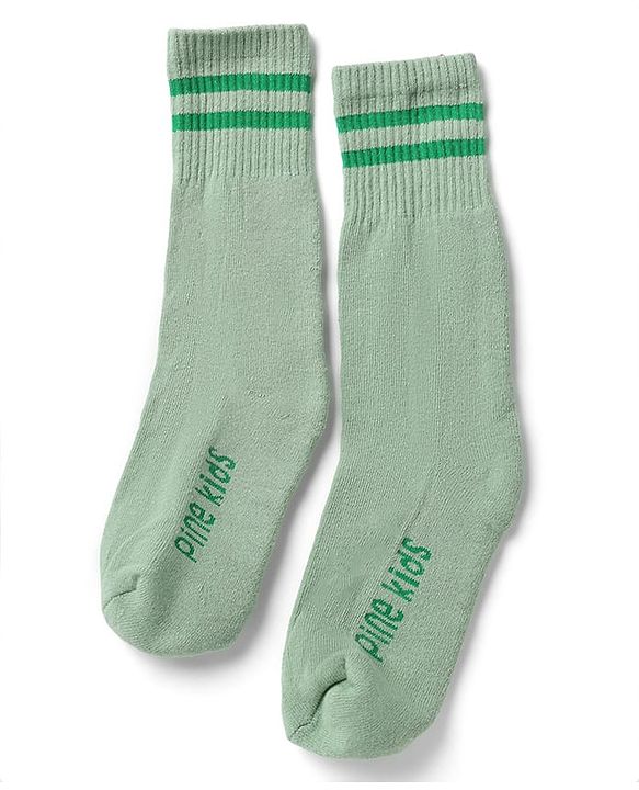Pine Kids Cotton Nylon Spandex Mid-Calf Length Socks with Stripes & Pine Kids Text Pack of 3 - Green Blue Light Grey