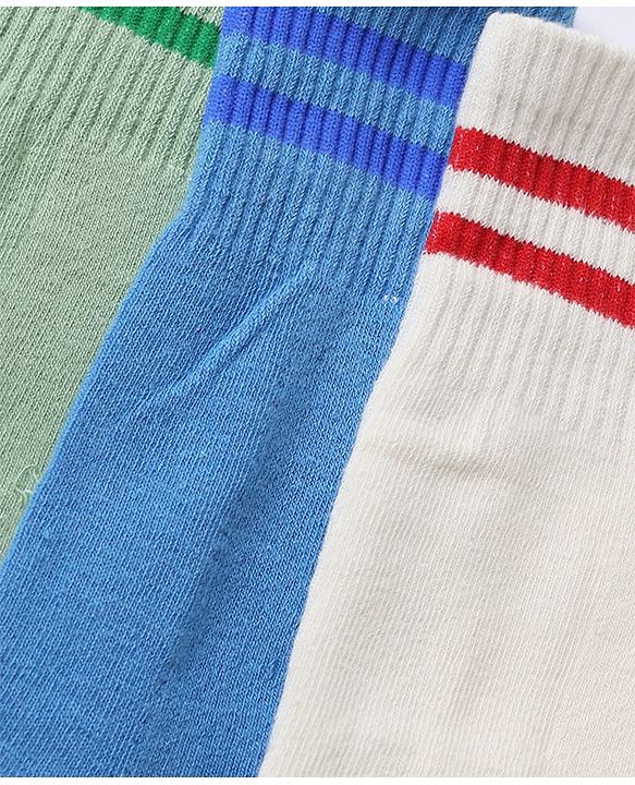 Pine Kids Cotton Nylon Spandex Mid-Calf Length Socks with Stripes & Pine Kids Text Pack of 3 - Green Blue Light Grey
