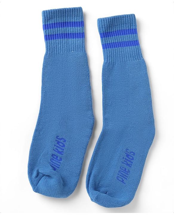 Pine Kids Cotton Nylon Spandex Mid-Calf Length Socks with Stripes & Pine Kids Text Pack of 3 - Green Blue Light Grey