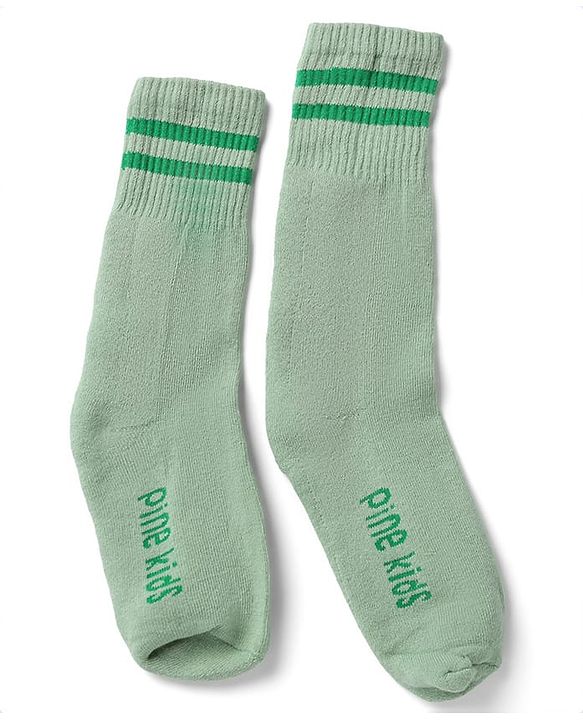 Pine Kids Cotton Nylon Spandex Mid-Calf Length Socks with Stripes & Pine Kids Text Pack of 3 - Green Blue Light Grey