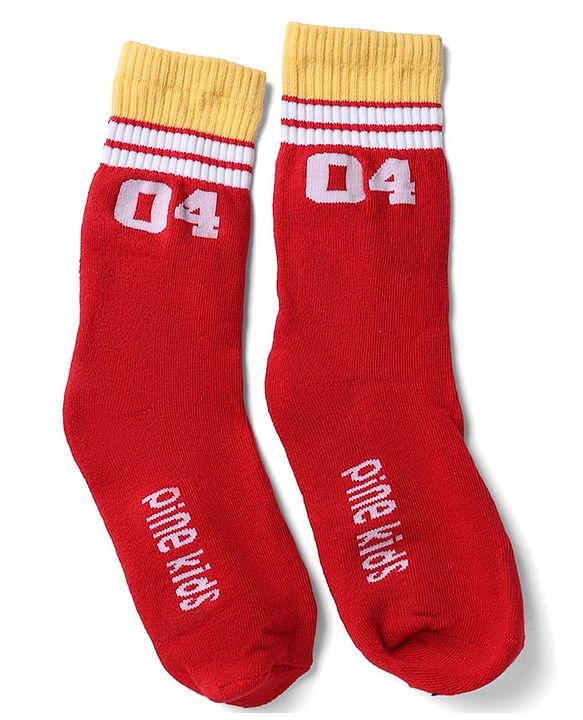 Pine Kids Cotton Nylon Spandex Mid-Calf Length Socks with Stripes & Pine Kids Text Pack of 3 - Yellow Red White