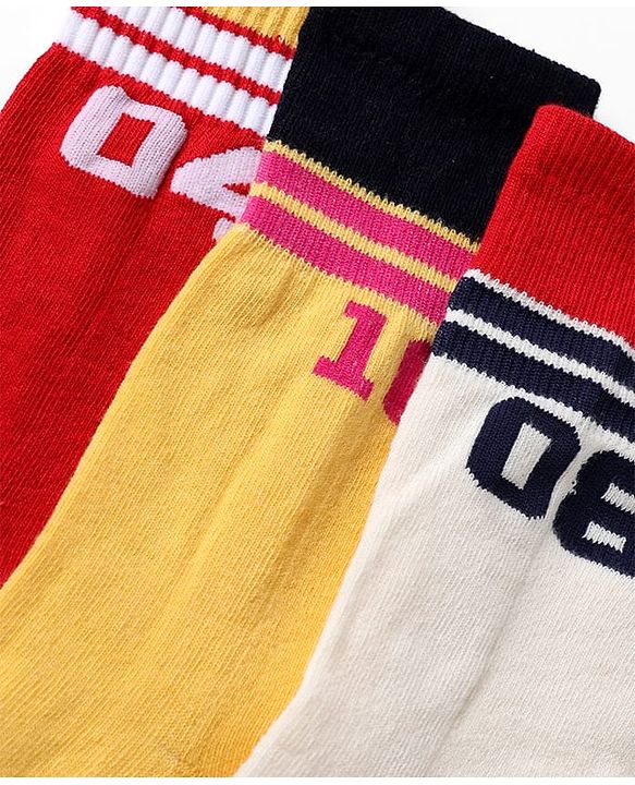 Pine Kids Cotton Nylon Spandex Mid-Calf Length Socks with Stripes & Pine Kids Text Pack of 3 - Yellow Red White