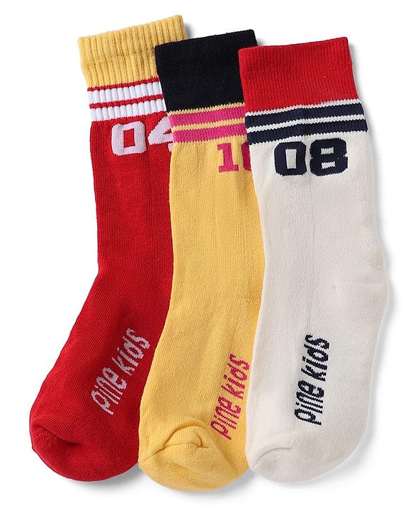 Pine Kids Cotton Nylon Spandex Mid-Calf Length Socks with Stripes & Pine Kids Text Pack of 3 - Yellow Red White