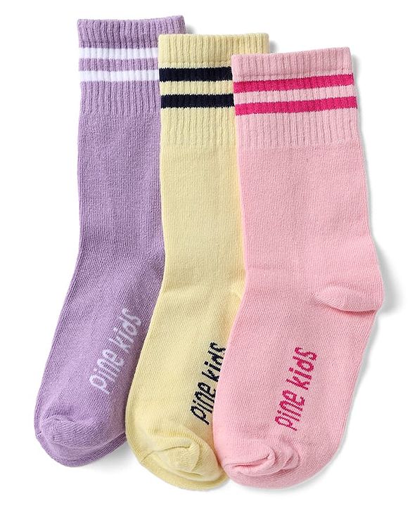 Pine Kids Cotton Nylon Spandex Mid-Calf Length Socks with Stripes & Pine Kids Text Pack of 3 - Purple Yellow Pink