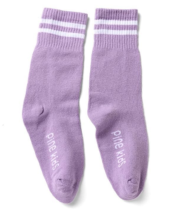 Pine Kids Cotton Nylon Spandex Mid-Calf Length Socks with Stripes & Pine Kids Text Pack of 3 - Purple Yellow Pink