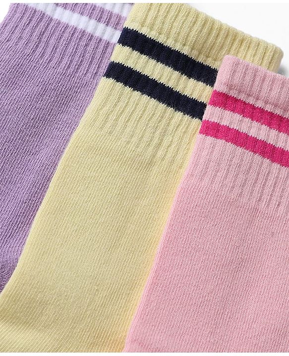 Pine Kids Cotton Nylon Spandex Mid-Calf Length Socks with Stripes & Pine Kids Text Pack of 3 - Purple Yellow Pink