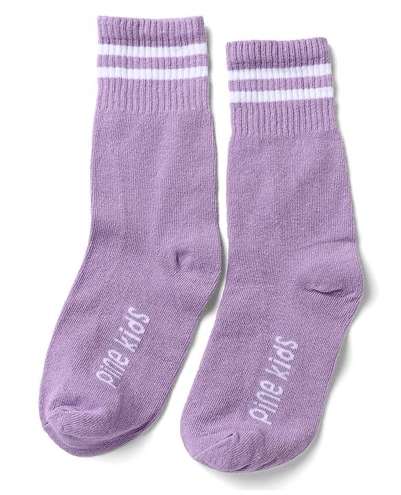 Pine Kids Cotton Nylon Spandex Mid-Calf Length Socks with Stripes & Pine Kids Text Pack of 3 - Purple Yellow Pink