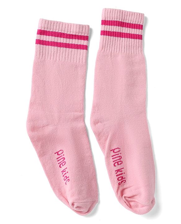 Pine Kids Cotton Nylon Spandex Mid-Calf Length Socks with Stripes & Pine Kids Text Pack of 3 - Purple Yellow Pink
