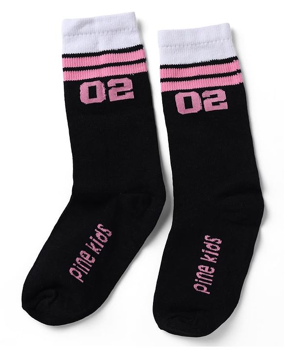 Pine Kids Cotton Nylon Spandex Mid-Calf Length Socks with Stripes & Pine Kids Text Design Pack of 3 - Blue Purple Black